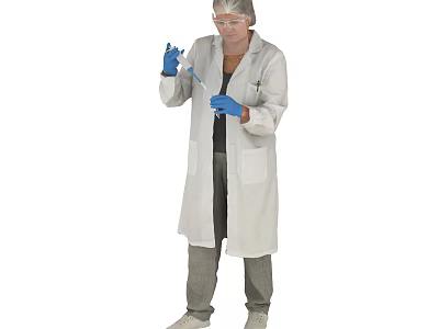 Woman in White Lab Coat Wearing Blue Gloves Holding Test Tube in Hand 3d model