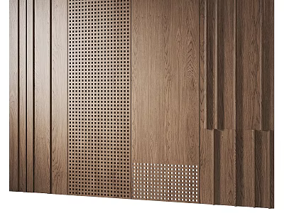 Modern Wooden Wall Panel With Striped Perforated And Textured Design Elements 3d model