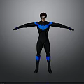 Superhero Character In Black And Blue Costume With Arms Outstretched On Gray Background