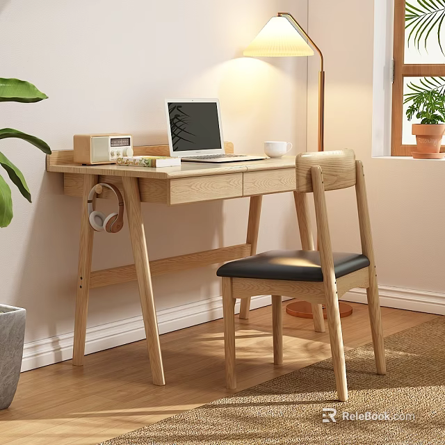 Modern Wooden Desk with Laptop Cup Headphones Accent Chair Floor Lamp Plants and Window 3d model 