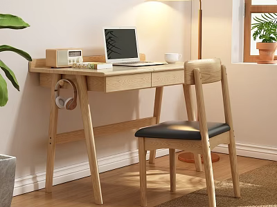 Modern Wooden Desk with Laptop Cup Headphones Accent Chair Floor Lamp Plants and Window 3d model