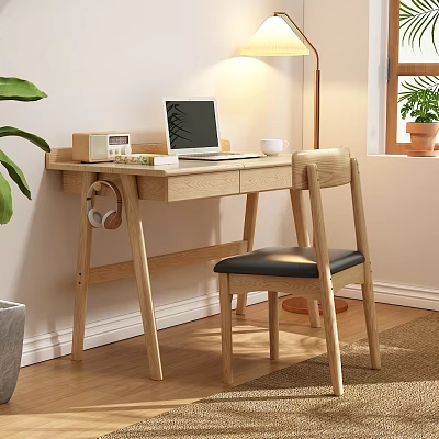 Modern Wooden Desk with Laptop Cup Headphones Accent Chair Floor Lamp Plants and Window 3d model
