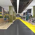 Modern Fitness Gym Interior With Spin Bikes Yellow Gray Striped Walls And Seating Area