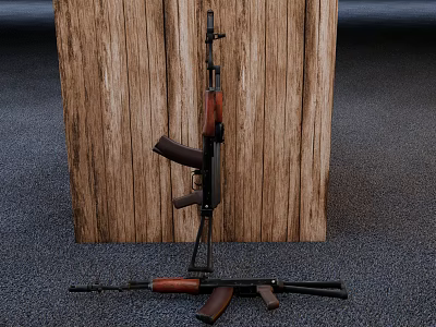Military Rifles With Wooden Stock And Black Barrel Leaning Against Wooden Background Cross On Floor 3d model