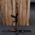 Military Rifles With Wooden Stock And Black Barrel Leaning Against Wooden Background Cross On Floor