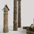 Rustic Wooden Decorative Architectural Pieces With Carved Pillars Arched Frame And Stacked Logs