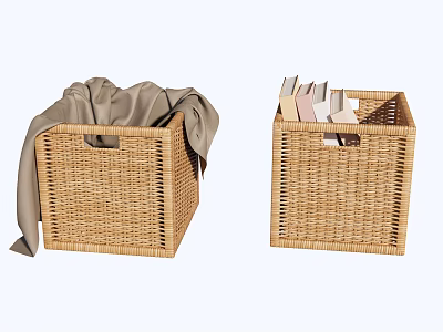 Woven Rattan Storage Baskets With Grey Cloth And Books Inside 3d model