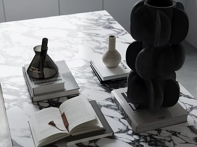 Black Inflatable Decorative Mold With Circular Shapes On Marble Table And Open Book 3d model