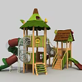 Colorful Outdoor Playground Structure With Wooden Playhouse Slide And Tree Shaped Roof