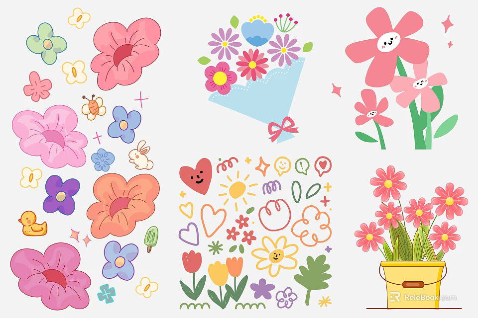 Colorful Wall Decor with Flower Patterns Heart Shapes Sun Designs and Potted Flower 3d model 
