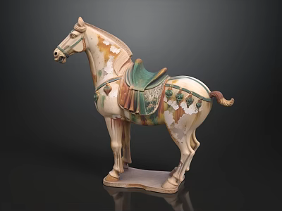 Traditional Ceramic Horse Statue With Green Saddle And Decorative Base 3d model