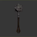Antique Spiked Mace With Multi Pointed Head And Carved Wooden Handle