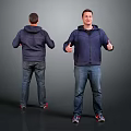 Man In Navy Blue Hoodie And Jeans Front And Back View With Thumbs Up Gesture