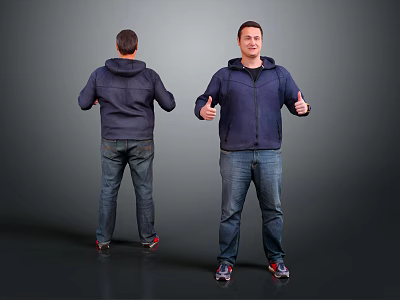 Man In Navy Blue Hoodie And Jeans Front And Back View With Thumbs Up Gesture 3d model
