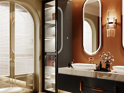 Modern Bathroom Interior With Arched Frosted Glass Door Round Mirror Marble Countertop And Double Sinks 3d model