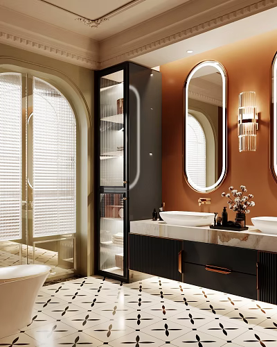 Modern Bathroom Interior With Arched Frosted Glass Door Round Mirror Marble Countertop And Double Sinks 3d model