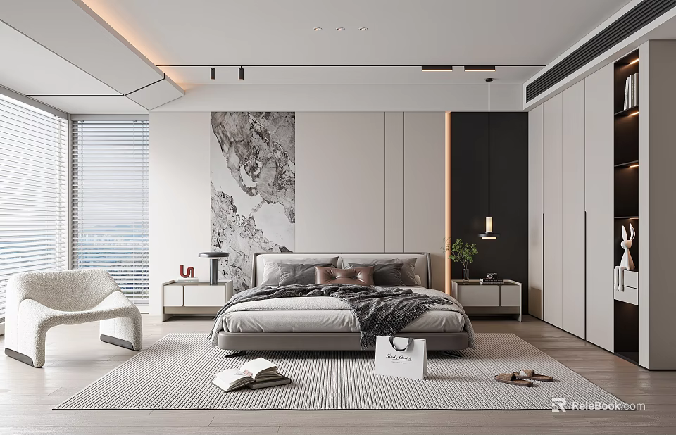 Modern Bedroom Interior Design With Comfortable Bed Nightstands Built in Wardrobe And Abstract Painting 3d model 