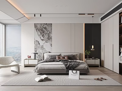 Modern Bedroom Interior Design With Comfortable Bed Nightstands Built in Wardrobe And Abstract Painting 3d model