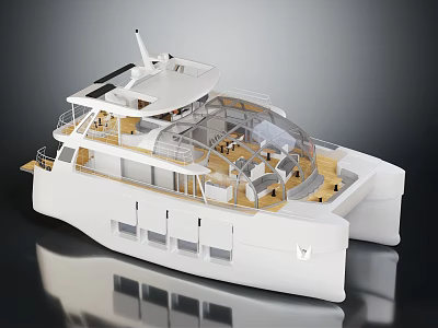 Modern White Catamaran Yacht With Transparent Cabin And Wooden Deck 3d model