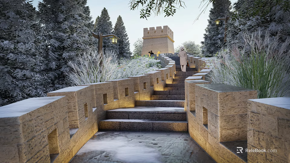 Beautiful Garden Features With Stone Steps Snowy Landscape And Illuminated Stone Walls 3d model 