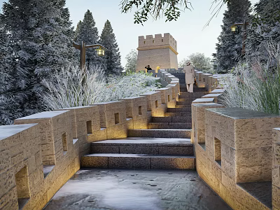 Beautiful Garden Features With Stone Steps Snowy Landscape And Illuminated Stone Walls 3d model