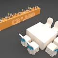 Elegant Event Table And Chairs Setup With White Seats Blue Bows And Orange Backdrop