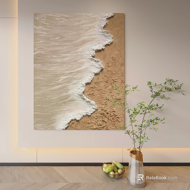 Textured Ocean Wave And Sand Beach Landscape Art In Interior 3d model