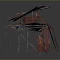Abstract Wooden Structure With Red Layered Planks And Irregular Roof Design