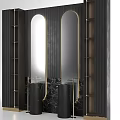 Luxurious Double Washbasin With Black Basins Marble Background Golden Lines Arched Mirrors And Side Shelves
