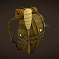 Brown Leather Vintage Backpack With Yellow Buttons Rolled Items Top Wooden Sticks Patched Details