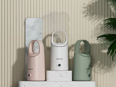 Pastel Pink White And Green Daily Use Humidifiers On Marble Countertop With Striped Wall 3d model