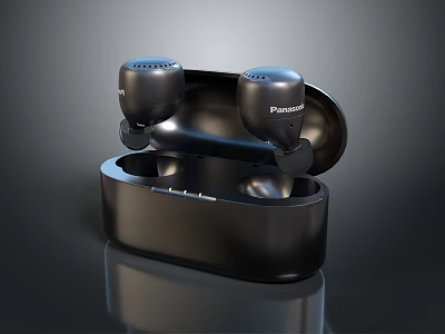 Panasonic Black Wireless Earbuds With Open Charging Case Modern Glossy Design For Computer Use 3d model