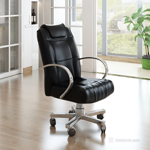 Modern Black Leather Office Chair With Silver Arms Adjustable Base And Wheels 3d model 