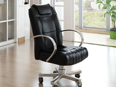 Modern Black Leather Office Chair With Silver Arms Adjustable Base And Wheels 3d model