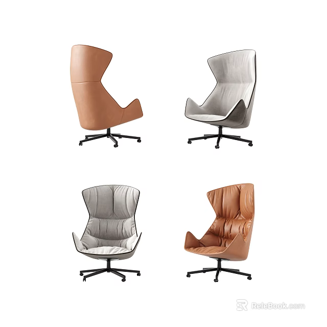 Modern Leather Leisure Chairs In Brown And Gray With Swivel Base Design 3d model 