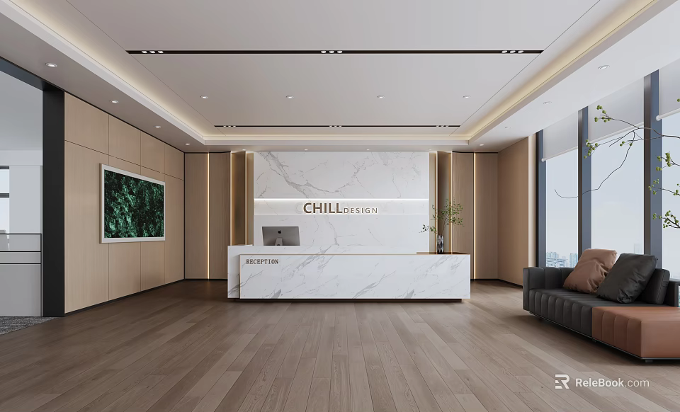 Modern Reception Desk With White Marble Top Wooden Walls Green Plants And Spacious Bright Space 3d model 
