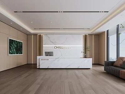Modern Reception Desk With White Marble Top Wooden Walls Green Plants And Spacious Bright Space 3d model