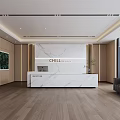 Modern Reception Desk With White Marble Top Wooden Walls Green Plants And Spacious Bright Space