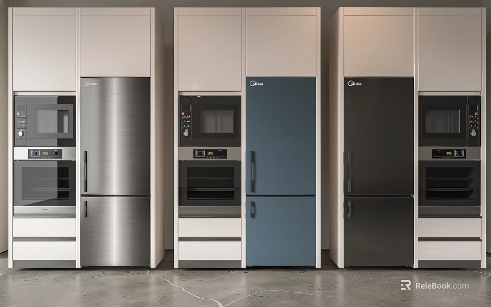 Modern Kitchen Design Featuring Different Colors Refrigerators And Cabinet Appliances 3d model 