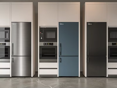 Modern Kitchen Design Featuring Different Colors Refrigerators And Cabinet Appliances 3d model