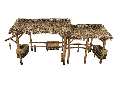Rustic Outdoor Plant Structure With Thatched Roof And Wooden Planter Boxes 3d model