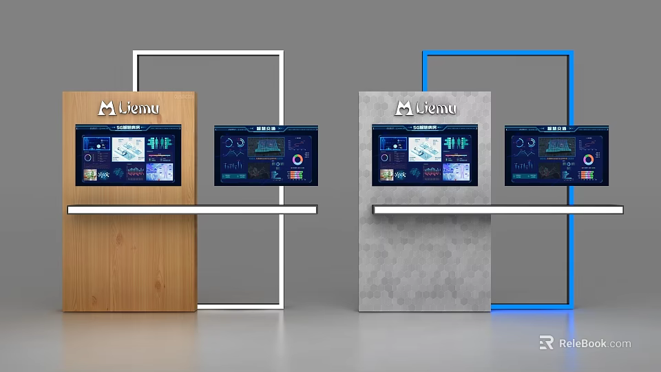 Modern Backdrop Wall Design With Wooden Gray Display Stands Screens White And Blue Frames 3d model 