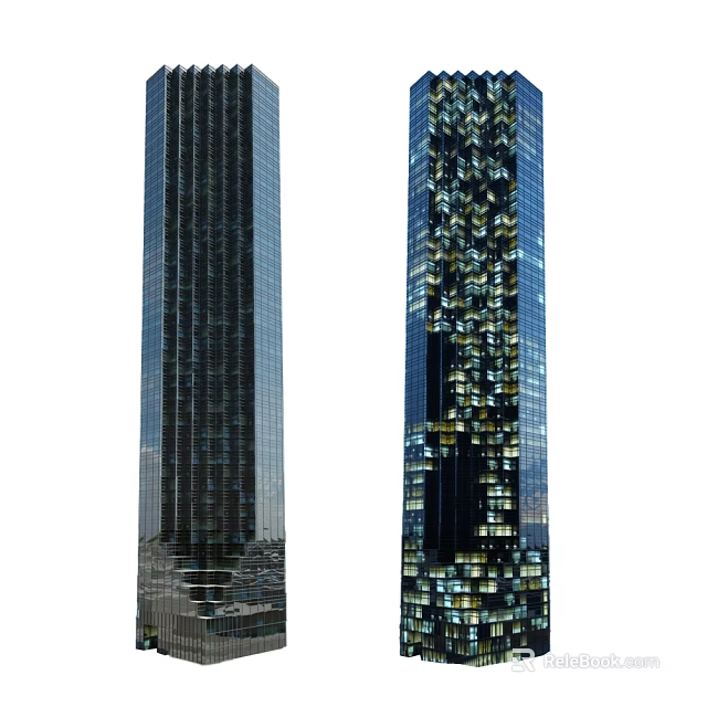 Modern Twin High Rise Office Buildings With Glass Facade And Illuminated Windows Design 3d model 