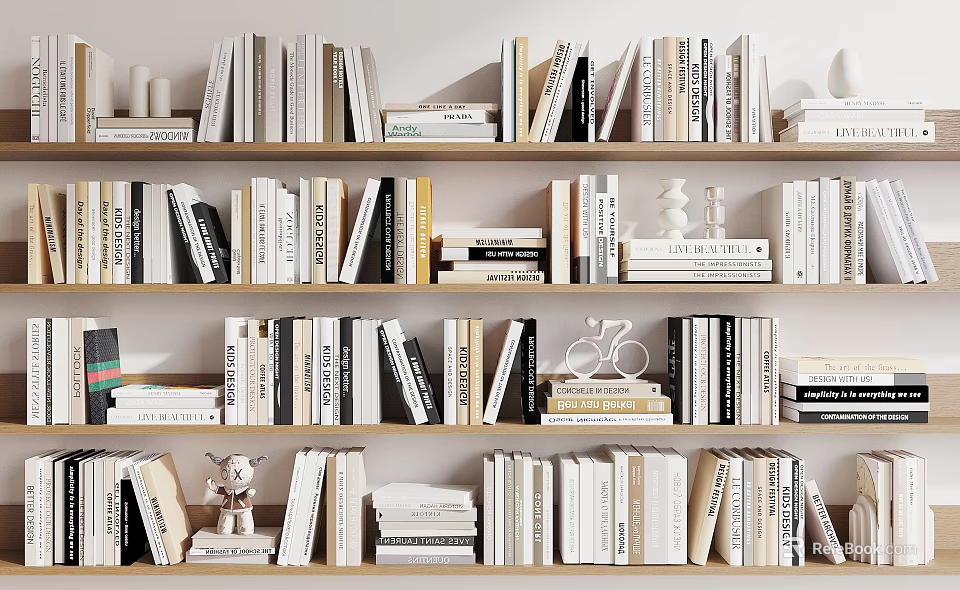 Neatly Arranged Bookshelf With Various Books Different Sizes And Decorative Accents 3d model 