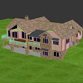 Two Story House With Tile Roof Chimney Stone Base And Wooden Deck On Green Lawn