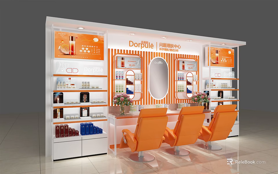 Dorolle Cosmetic Display Shelves with Orange White Design Product Arrangement in Modern Retail Area 3d model 