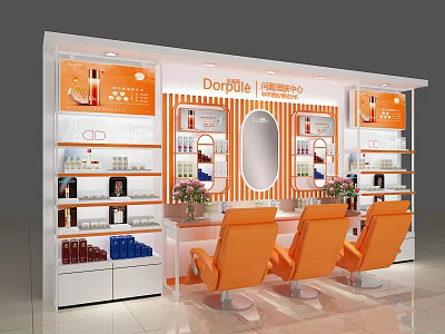 Dorolle Cosmetic Display Shelves with Orange White Design Product Arrangement in Modern Retail Area 3d model