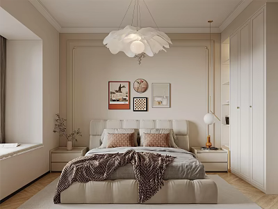 Cozy Modern Bedroom Interior With Upholstered Bed Feather Chandelier And Decorative Artworks 3d model