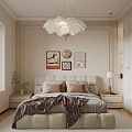 Cozy Modern Bedroom Interior With Upholstered Bed Feather Chandelier And Decorative Artworks