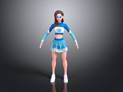 Woman Wearing Blue And White Cheerleader Uniform With Crop Top Skirt And White Shoes 3d model